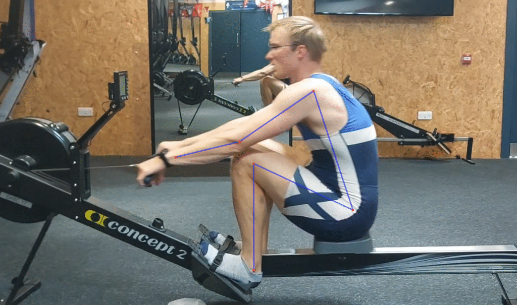 Snapshot of video with overlay of estimated joint positions.